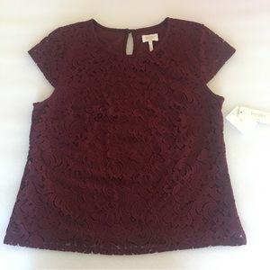 Laundry by Shelli Segal- Burgundy Top-XL-Lined Lacy Top- NWT-Cap Sleeve Top